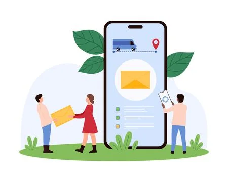 Mail delivery tracking in mobile app of tiny people holding envelope package and Stock Illustration