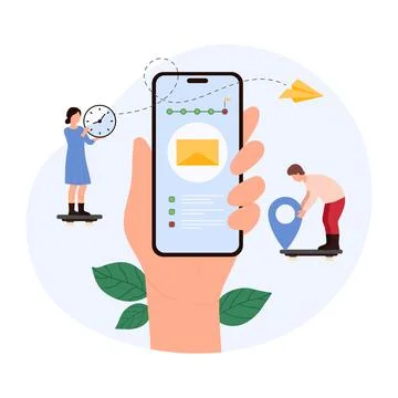 Mail delivery tracking in mobile app, hand holding smartphone with envelope and Illustration