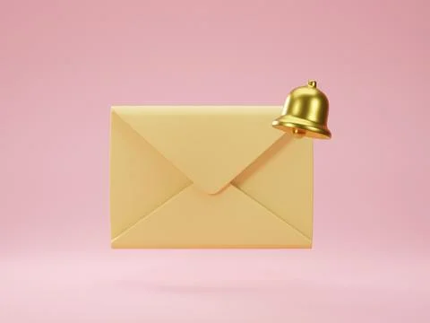 Mail envelope with golden notification bell isolated on pink background. 3d Stock Illustration