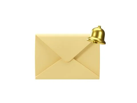 Mail envelope with golden notification bell isolated on white background. 3d Stock-Illustration