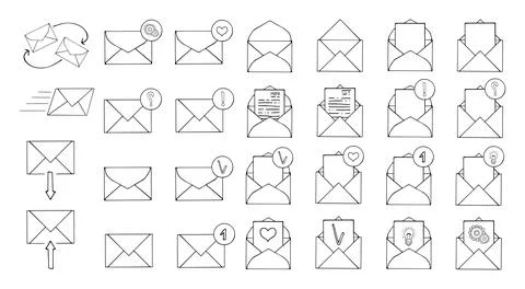 Mail envelope icons set. Web email message symbols. Sending, receiving letter Stock Illustration