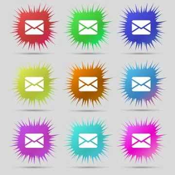 Mail, Envelope, Message icon sign. A set of nine original needle buttons. Vec Stock-Illustration
