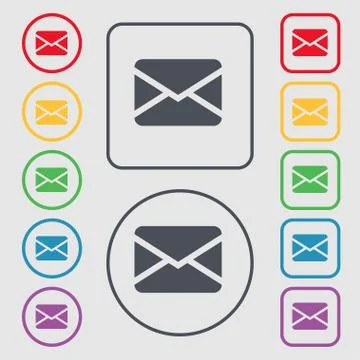 Mail, Envelope, Message icon sign. symbol on the Round and square buttons wit Stock Illustration