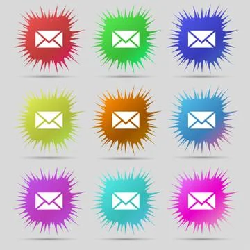 Mail, Envelope, Message icon sign. A set of nine original needle buttons. Vec Stock-Illustration
