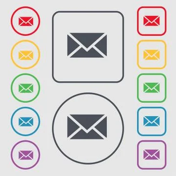 Mail, Envelope, Message icon sign. symbol on the Round and square buttons wit Stock Illustration