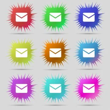 Mail, Envelope, Message icon sign. A set of nine original needle buttons. Stock-Illustration
