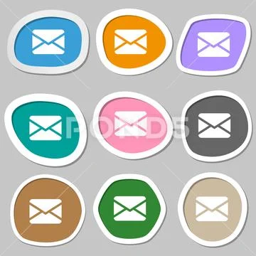 Mail, Envelope, Message icon symbols. Multicolored paper stickers ...