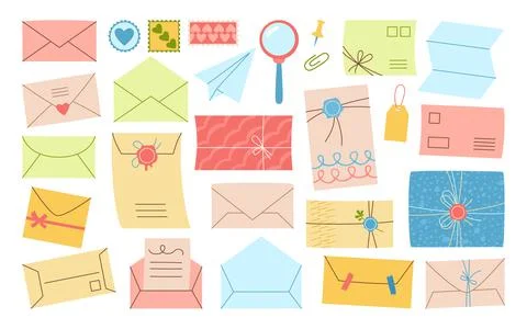 Mail envelope postmark postcard set handmade craft paper letter card post stamp Stock Illustration