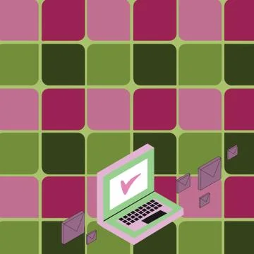 Mail Envelopes Around Laptop with Check Mark on Screen. Computer Notebook 스톡 일러스트