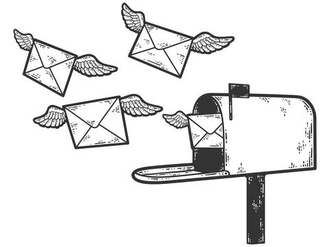 Mail envelopes fly out of the mailbox. Sketch scratch board imitation color. Stock Illustration