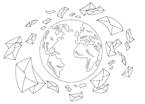 Mail fly around globe earth graphic isolated sketch illustration vector Stockillustratie