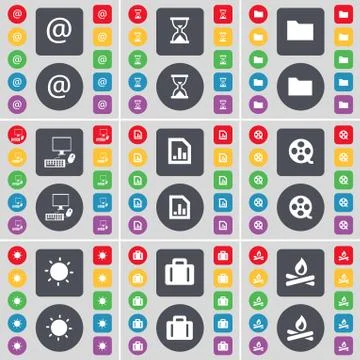 Mail, Hourglass, Folder, PC, Diagram file, Videotape, Light, Suitcase, Campfire Stock Illustration