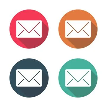Mail icon with long shadow black on white background,Simple design style.vect Stock Illustration
