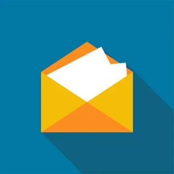 Mail icon with long shadow black on white background,Simple design style.vect Stock Illustration