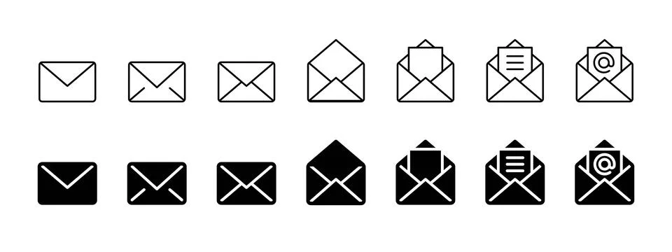 Mail icon set. Closed, open and document envelopes in outline and solid sty.. Stock Illustration