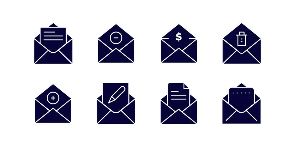 Mail icon set. E-mail, and envelope icon. receive, read, inbox, message, and 스톡 일러스트
