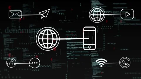 Mail icons appearing, icon cluster linking globe to phone, pulsing, code Stock Footage 334351793