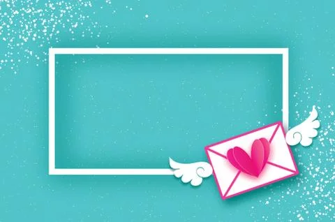 Mail Love. Envelope in paper cut style. Origami Pink Heart. Angel wings Stock Illustration