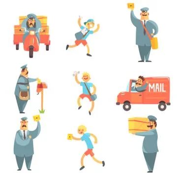 Mail Man And Corrier Work Process Set Illustrazione stock