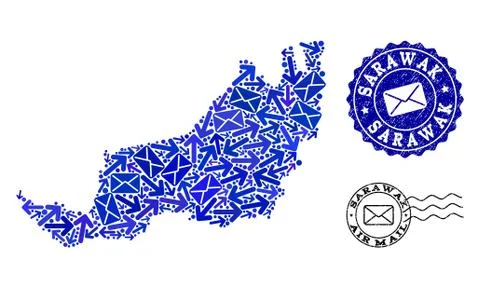Mail Motion Collage of Mosaic Map of Sarawak and Textured Seals 스톡 일러스트