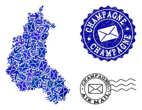 Mail Motion Composition of Mosaic Map of Champagne Province and Distress Seals Stock Illustration