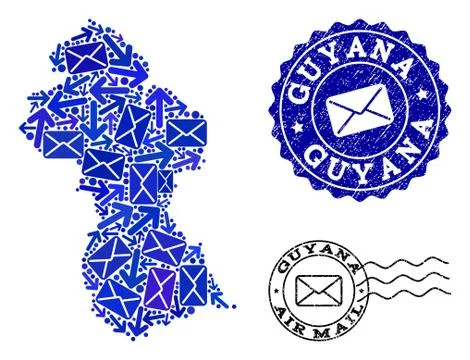 Mail Motion Composition of Mosaic Map of Guyana and Distress Stamps 스톡 일러스트