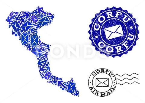 Mail Movement Collage of Mosaic Map of Corfu Island and Textured Seals Stock Illustration