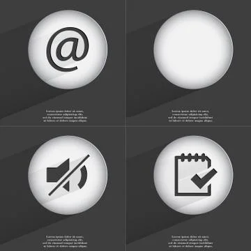 Mail, Mute, Task completed icon sign. Set of buttons with a flat design. Vector イラスト素材