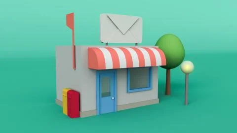 Mail office and post office light tree and roof 3d illustration shop Stock Illustration