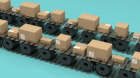 Mail package conveyor – 3d render looped. 库存影片 329614130