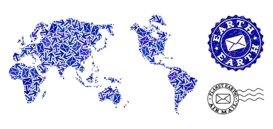 Mail Pathways Collage of Mosaic Map of Earth and Textured Stamps Stock Illustration
