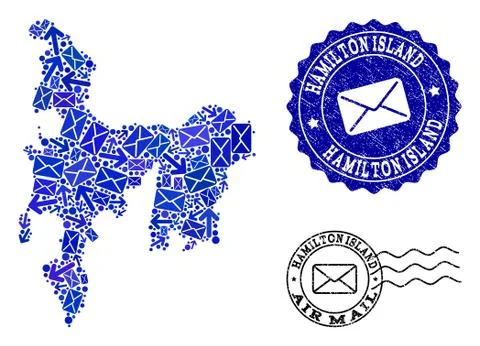 Mail Pathways Collage of Mosaic Map of Hamilton Island and Grunge Seals Stock Illustration