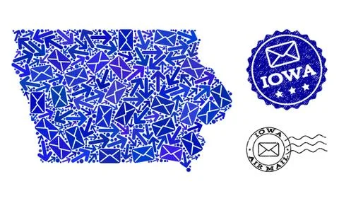 Mail Pathways Collage of Mosaic Map of Iowa State and Textured Stamps Stock Illustration