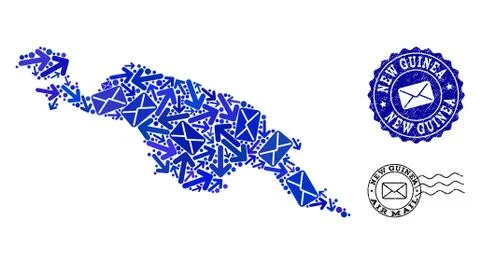 Mail Pathways Collage of Mosaic Map of New Guinea Island and Distress Stamps Stock Illustration