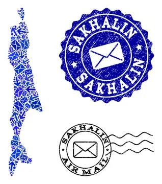 Mail Pathways Collage of Mosaic Map of Sakhalin Island and Grunge Seals 스톡 일러스트