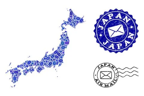 Mail Pathways Composition of Mosaic Map of Japan and Scratched Seals Stock Illustration