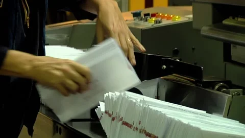 Mail Processing Automation in Postal Sorting Center, Worker Loading Machine Stock Footage 154877006