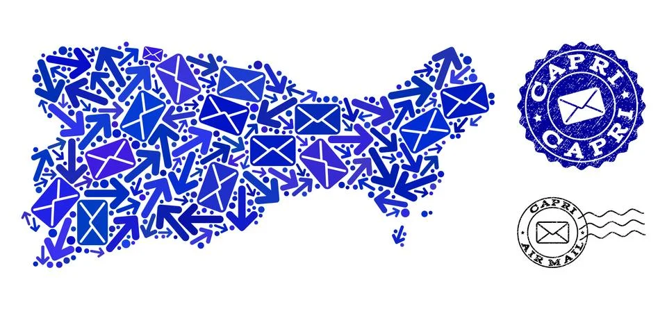 Mail Routes Composition of Mosaic Map of Capri Island and Textured Stamps Stock Illustration