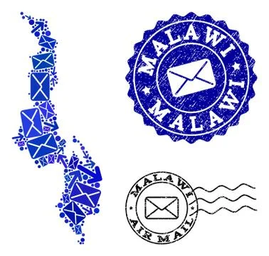 Mail Routes Composition of Mosaic Map of Malawi and Textured Stamps Stock Illustration