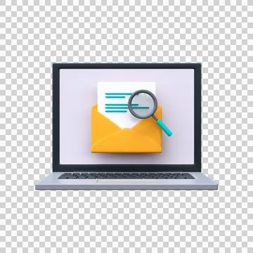 Mail search icon. 3d open envelope with document and magnifying glass. Stock Illustration