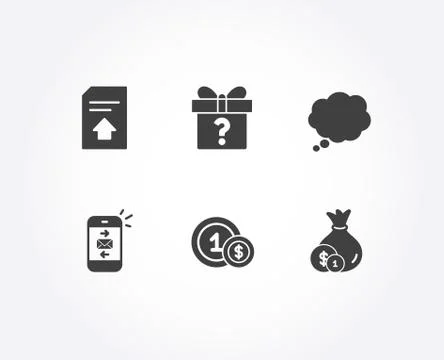 Mail, Secret gift and Comic message icons. Usd coins, Upload file and Cash signs Stock Illustration
