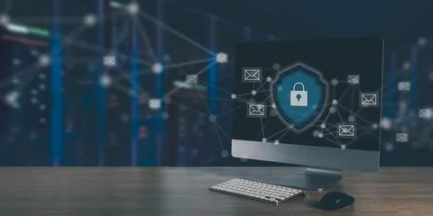 Mail server security and encrypted email network concept desktop monitor wi.. Stockfoto's