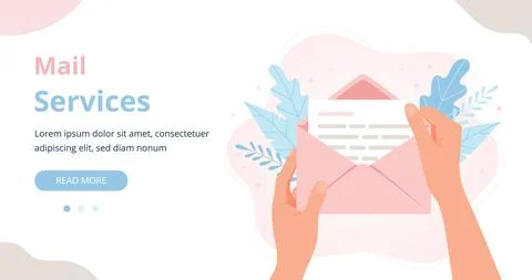 Mail services concept. Hands holding envelope with letter. Banner template Illustration
