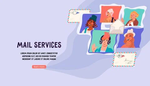 Mail services web banner template with avatars of people, flat vector illustr Stock Illustration