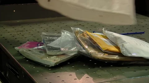 Mail Sorting Process with Worker Organizing Letters on Table Stock Footage 154876076
