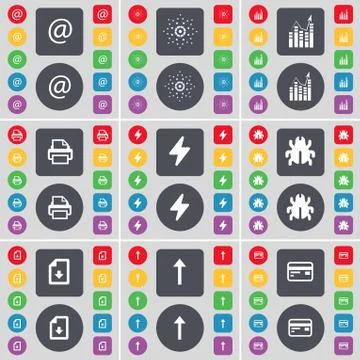 Mail, Star, Graph, Printer, Flash, Bug, File, Arrow up, Credit card icon symbol. Stock Illustration