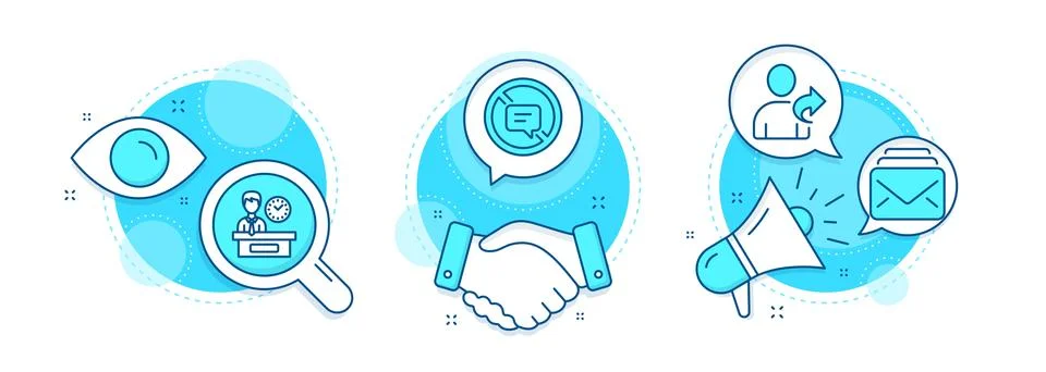 Mail, Stop talking and Presentation time icons set. Refer friend sign. New Stock Illustration