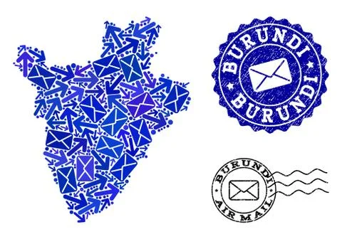 Mail Traffic Composition of Mosaic Map of Burundi and Scratched Stamps 스톡 일러스트