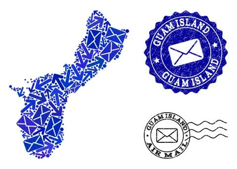 Mail Traffic Composition of Mosaic Map of Guam Island and Distress Seals Stock Illustration