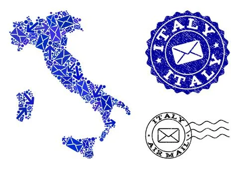Mail Traffic Composition of Mosaic Map of Italy and Textured Seals 스톡 일러스트